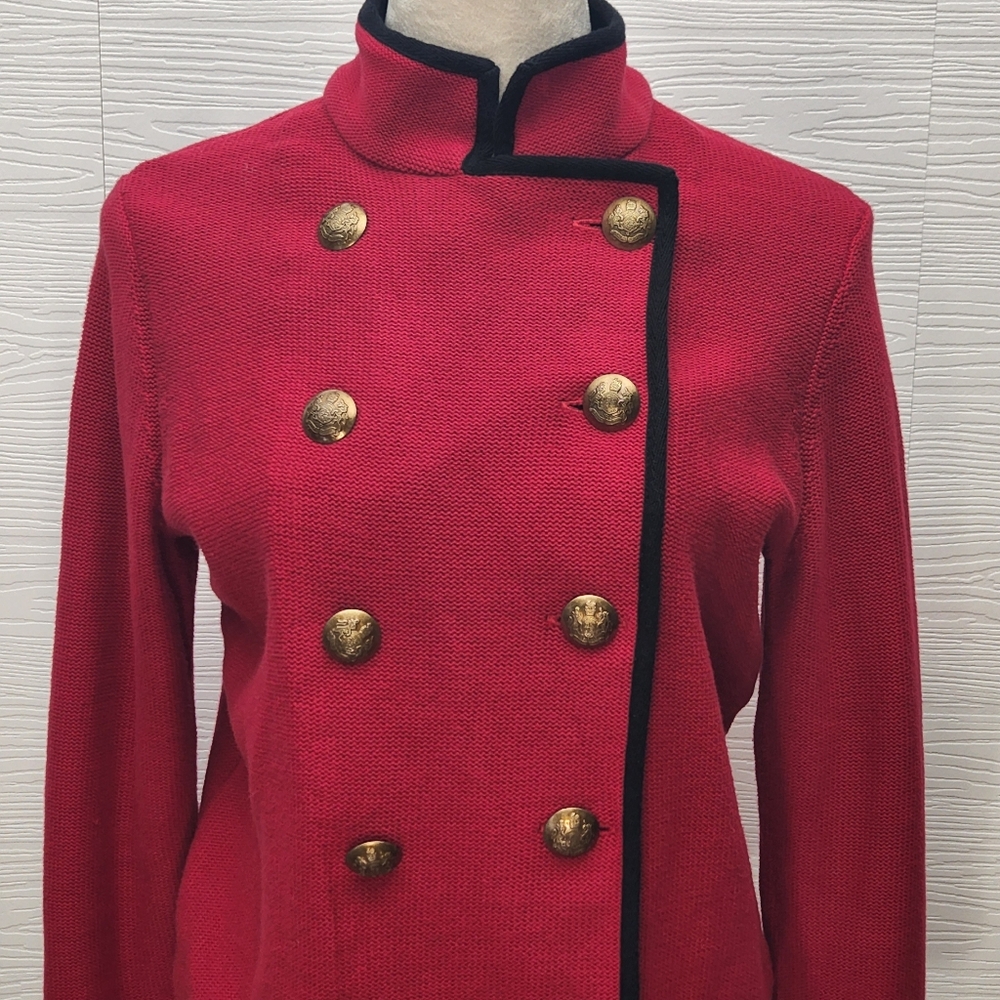Lauren RALPH LAUREN RED Sweater Military BLAZER JACKET Sz M Gold Button Holiday - Picture 2 of 10